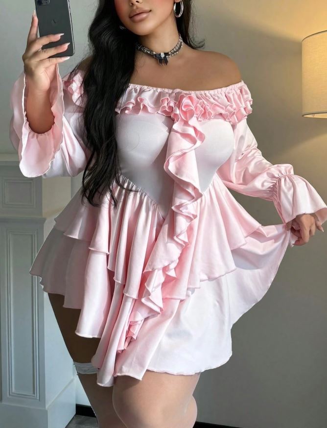 Pink Satin Look Babydoll Nightdress Ruffle Lingerie Long Sleeve size 3XL 22