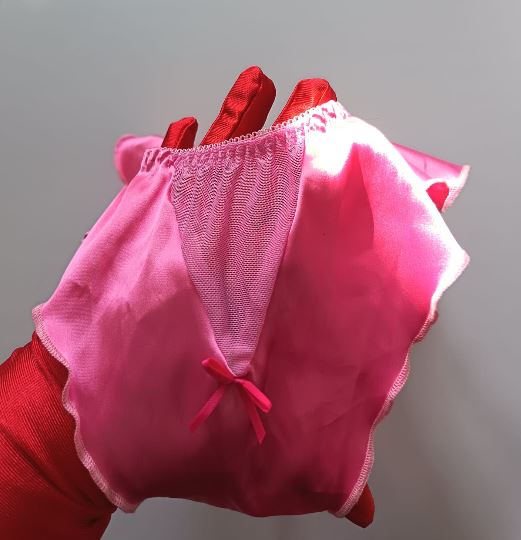 💕 Pink Satin Frilly Ruffle Thong Knickers Mesh Bow Panties silky size XL 16-18 💕