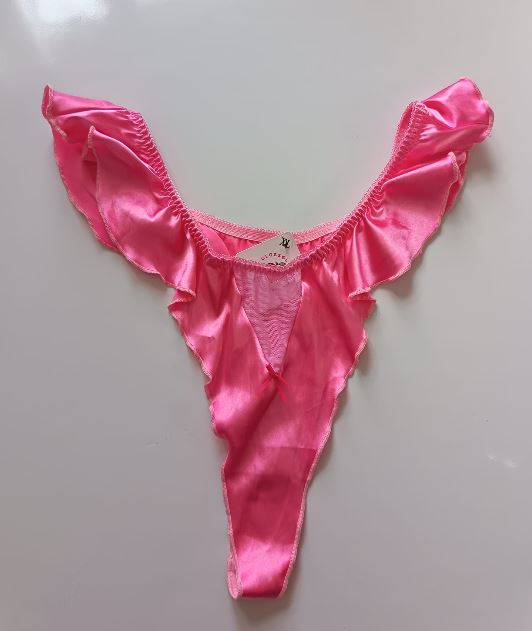 💕 Pink Satin Frilly Ruffle Thong Knickers Mesh Bow Panties silky size XL 16-18 💕