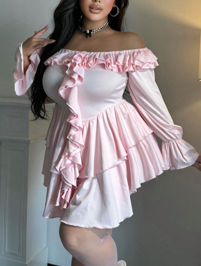 Pink Satin Look Babydoll Nightdress Ruffle Lingerie Long Sleeve size 2XL 20