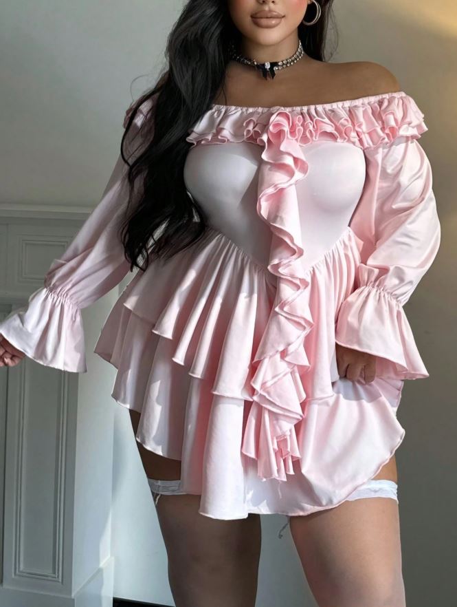 Pink Satin Look Babydoll Nightdress Ruffle Lingerie Long Sleeve size 3XL 22