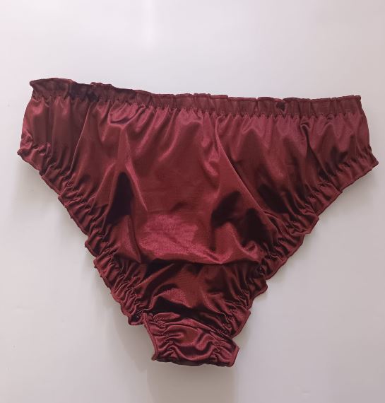 🌹 Burgundy Satin Mesh Frilly Knickers Panties Lace Bow Silky size XL 16-18