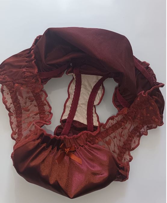 🌹 Burgundy Satin Mesh Frilly Knickers Panties Lace Bow Silky size XL 16-18