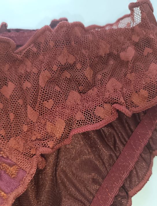 🌹 Burgundy Satin Mesh Frilly Knickers Panties Lace Bow Silky size XL 16-18