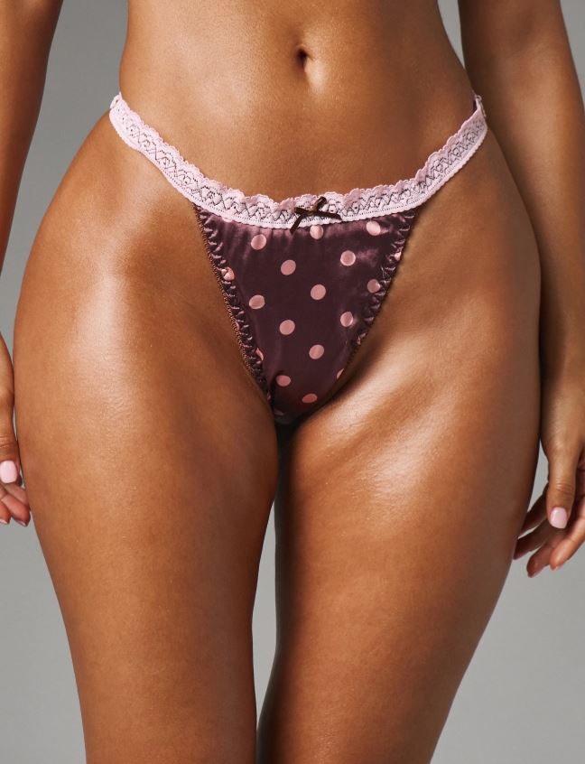 🎀 Pink & Brown Polka Dot Silky Satin Thong knickers 🎀 size L 12-14