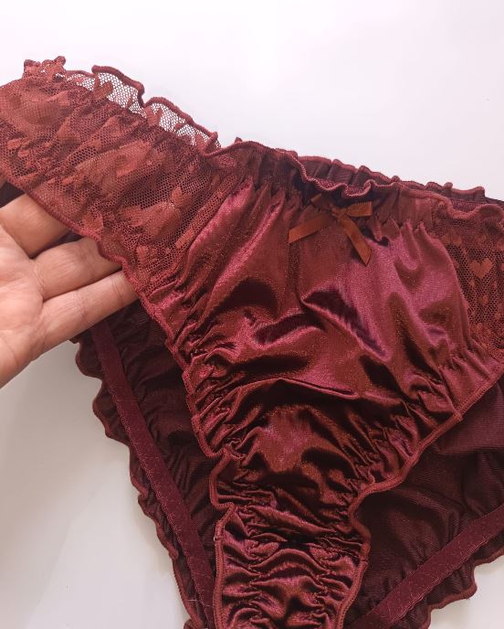 🌹 Burgundy Satin Mesh Frilly Knickers Panties Lace Bow Silky size XL 16-18