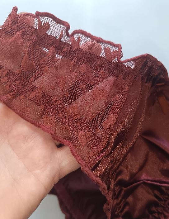🌹 Burgundy Satin Mesh Frilly Knickers Panties Lace Bow Silky size XL 16-18