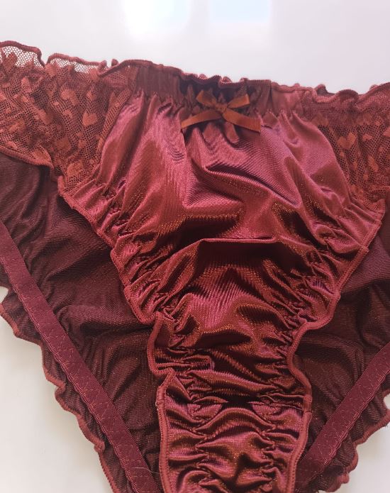 🌹 Burgundy Satin Mesh Frilly Knickers Panties Lace Bow Silky size XL 16-18
