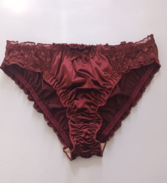 🌹 Burgundy Satin Mesh Frilly Knickers Panties Lace Bow Silky size XL 16-18