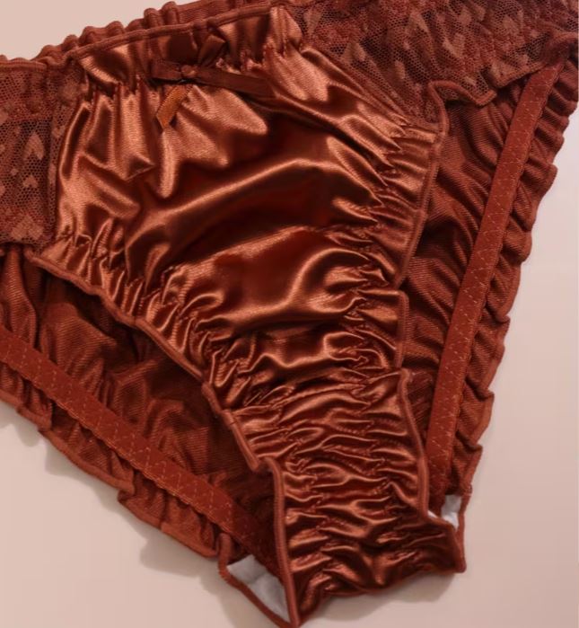 🌹 Burgundy Satin Mesh Frilly Knickers Panties Lace Bow Silky size XL 16-18